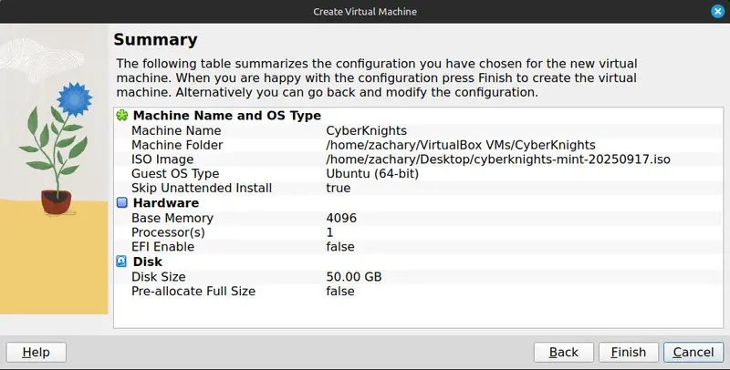 VirtualBox Summary Screen showing expected configuration